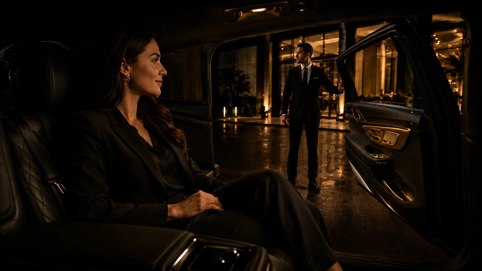 An Harmony Limo chauffeur opening the rear door of a black luxury SUV for a guest — chauffeured airport transfers, weddings, and executive car service across Boca Raton and South Florida.